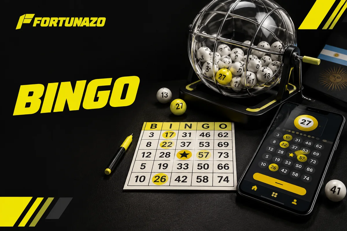 Cartón de bingo con números marcados y bolillero